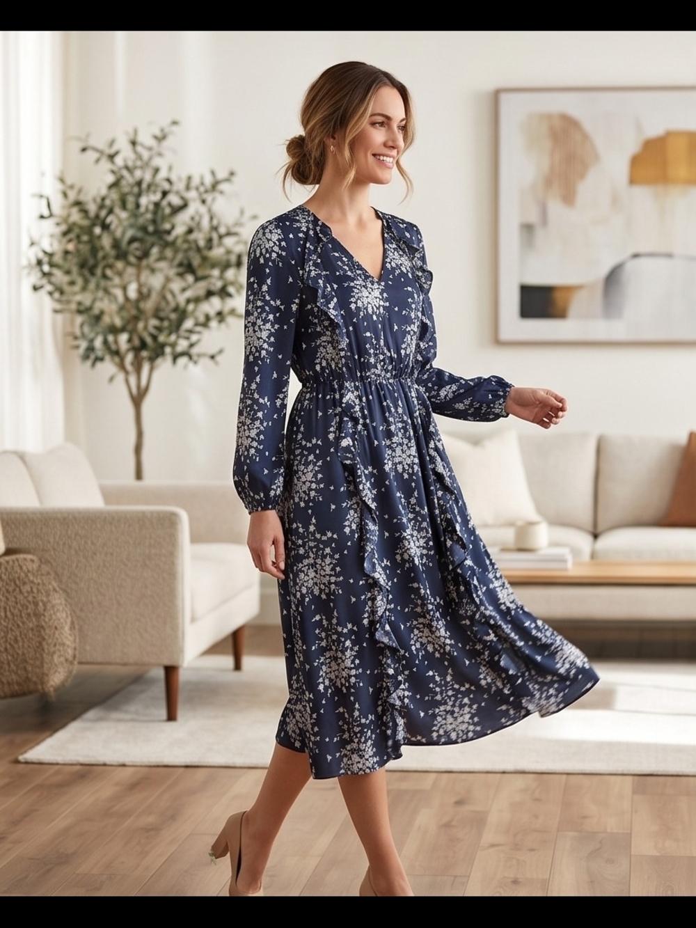 BCBG MaxAzria Navy and White Floral Midi Dress